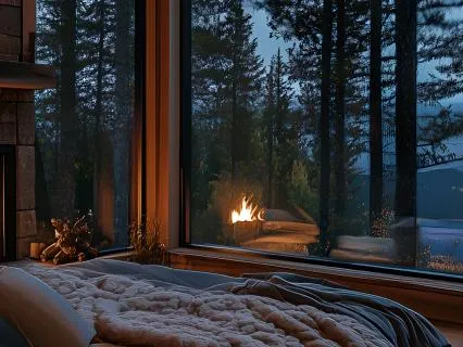 Теплый дом с камином и с дождём за окном