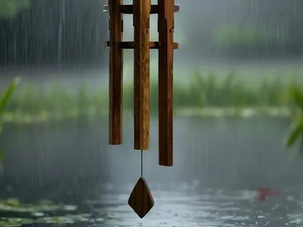 Chimes In The Rain On A Lush Green Pond