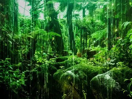 Gentle forest stream in the rain