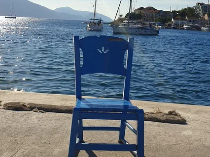 Little Blue Greek Chair At The Port - Little Jazz Piano Tale