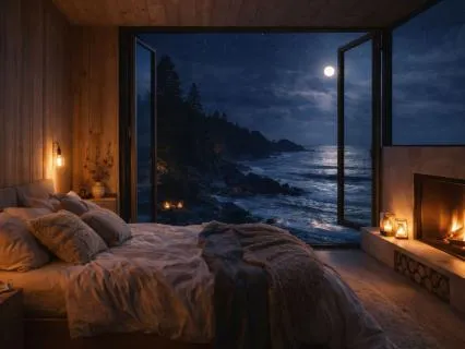 Deep Sleep 12 Hours Nordic Cabin Fireplace Ocean Waves