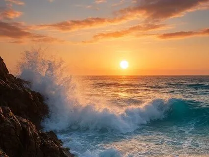 Sunset Beach With Crashing Waves Rocks
