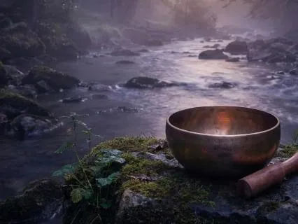 Tibetan Bowl And River For Meditation