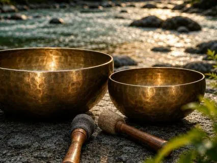 Tibetan Singing Bowls Over Flowing Water